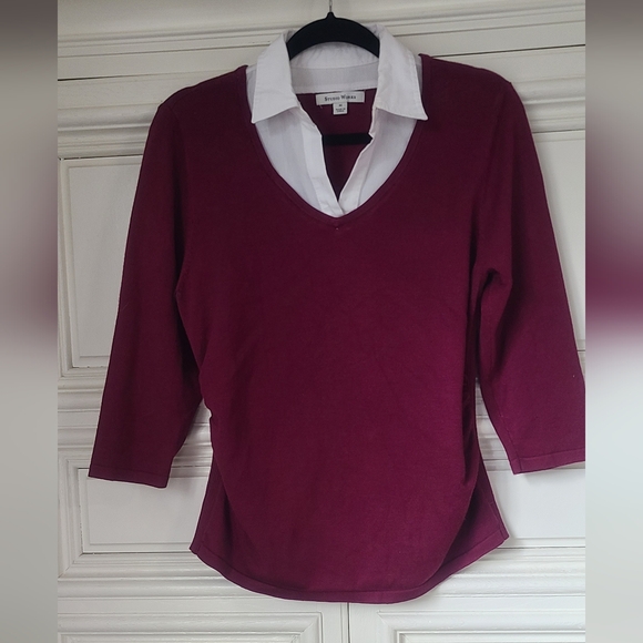 Studio Works Tops - Studio Works Size M school Uniform Style Maroon long Sleeve Shirt White Collar